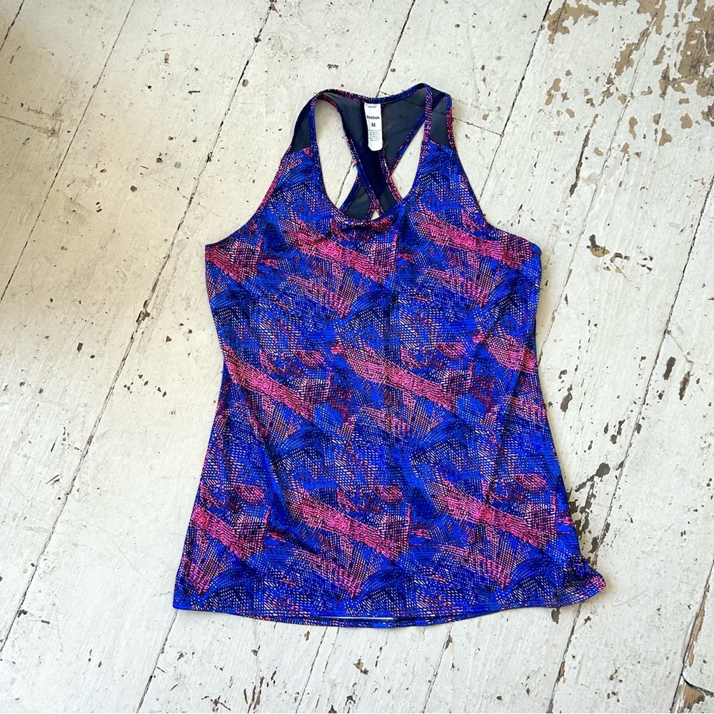 Reebok Activewear Geometric Print Mesh T-Strap Racerback Tank Top